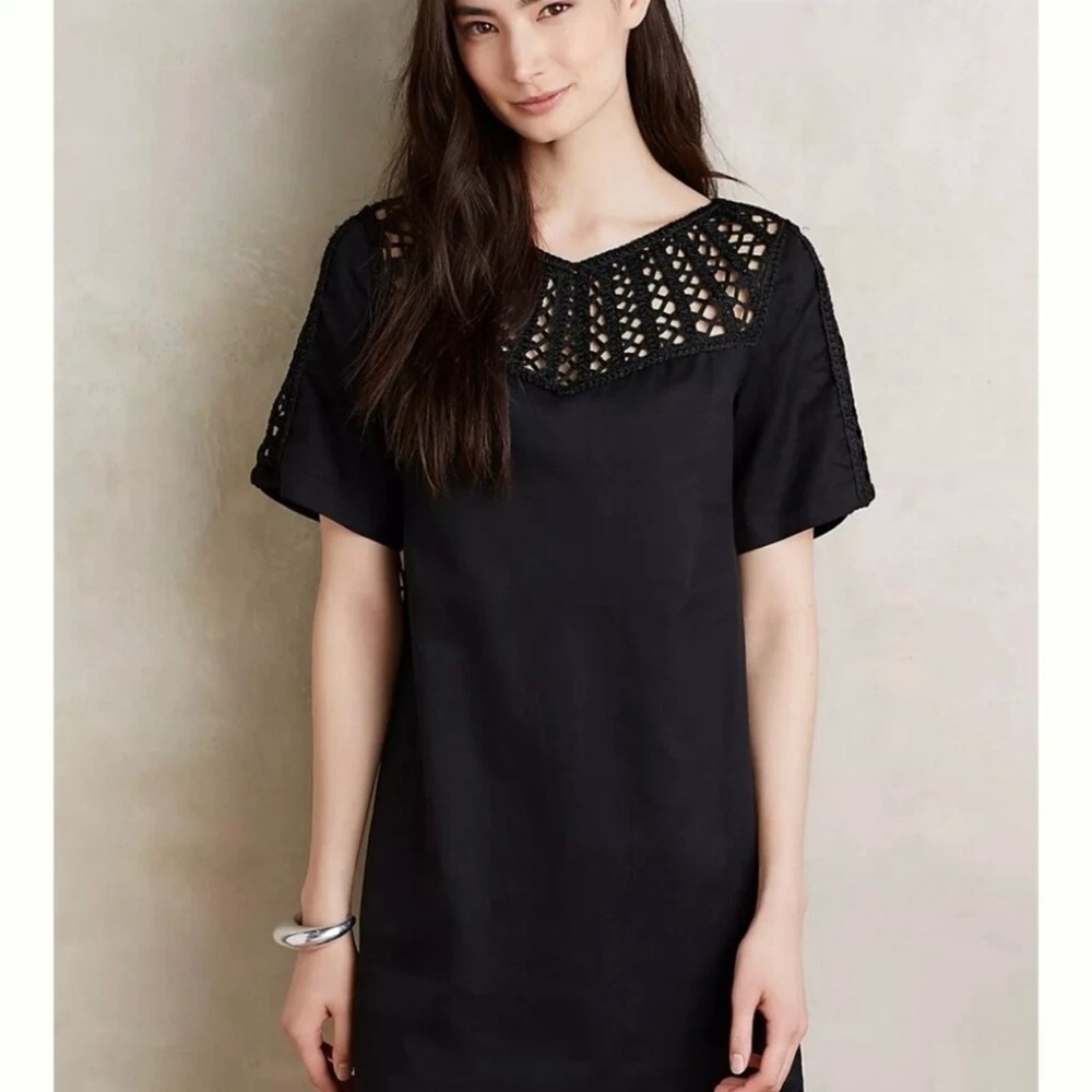 Maeve by Anthropologie Linen Blend Battenburg Shift Dress Crochet Detail Black M - Picture 1 of 12